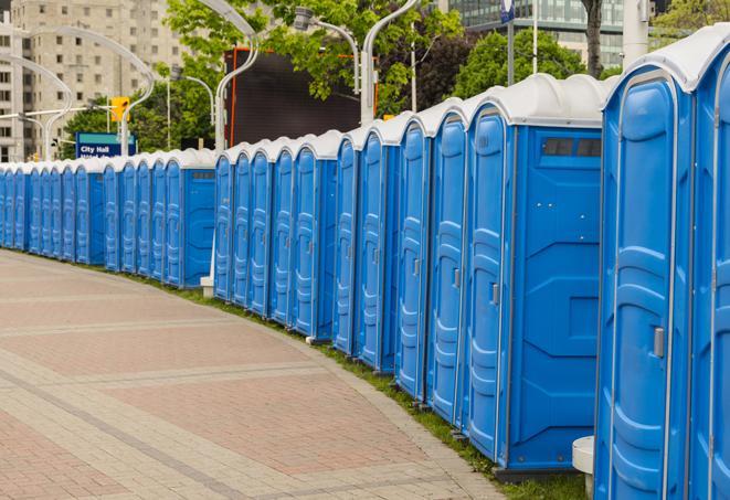 a line of portable restrooms set up for a wedding or special event, ensuring guests have access to comfortable and clean facilities throughout the duration of the celebration in Granada Hills